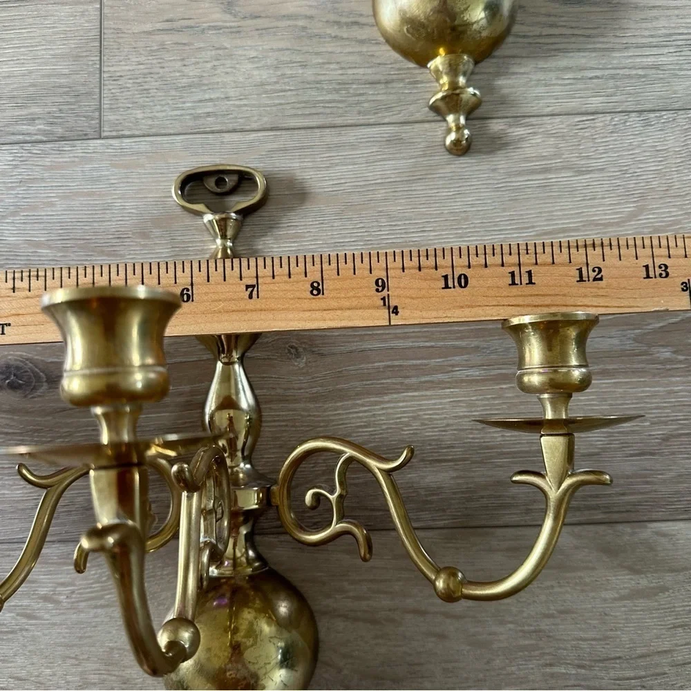 Vintage Solid Brass Three Candle Holders Wall Mount 2 As Set